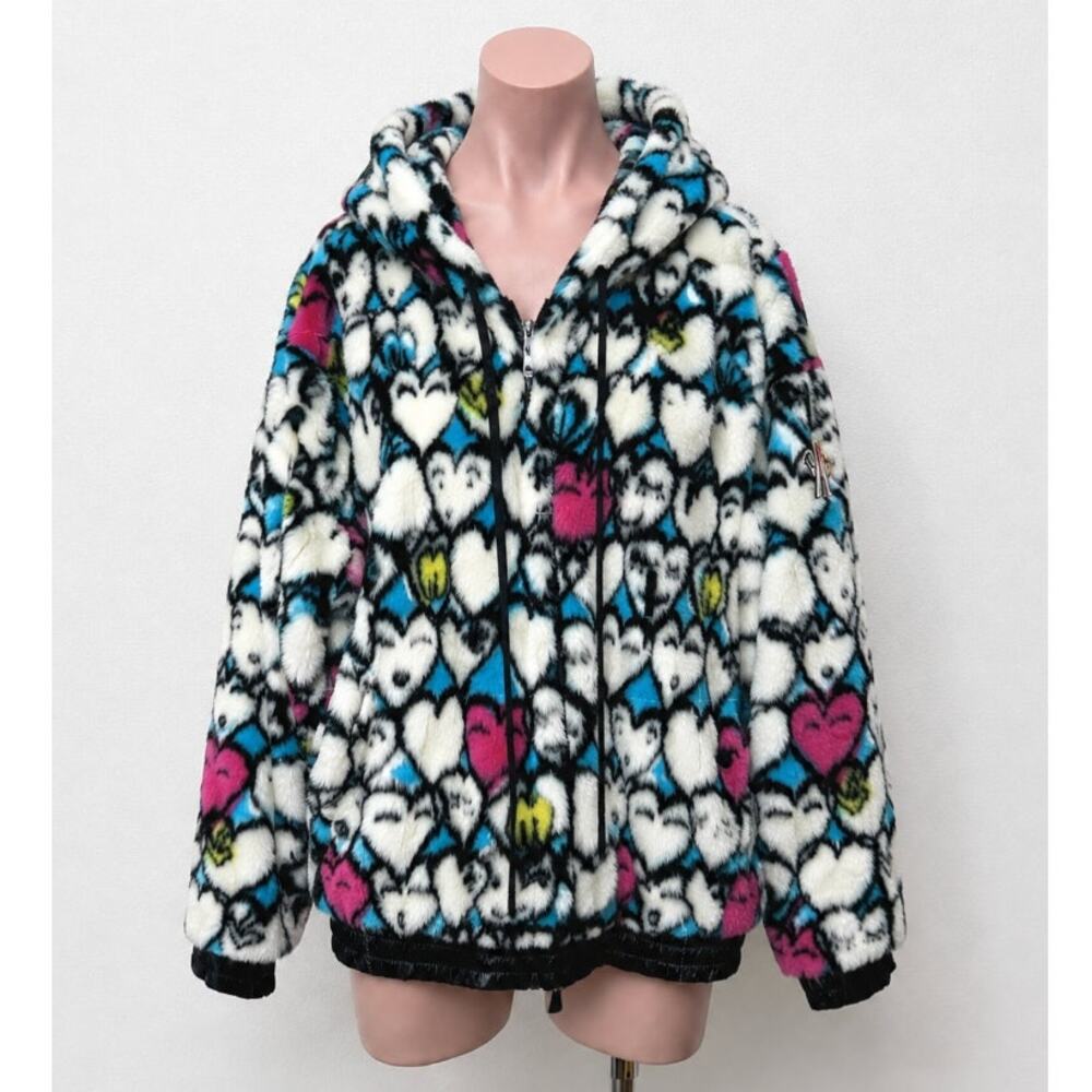 Moncler Grenoble White Heart Print Faux Fur Fuzzy Oversized Hoodie Jacket Large